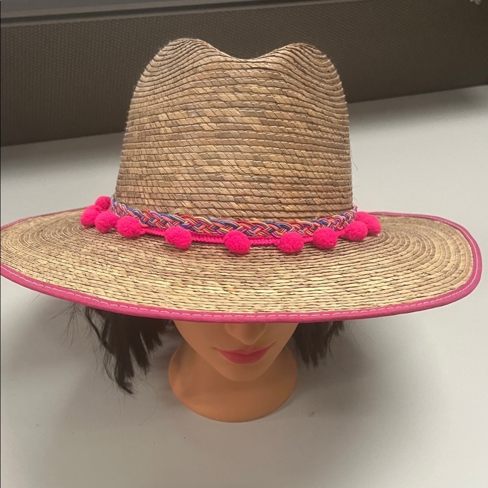 Source Unknown Straw Hat with Pink Pom Pom Trim unisex item